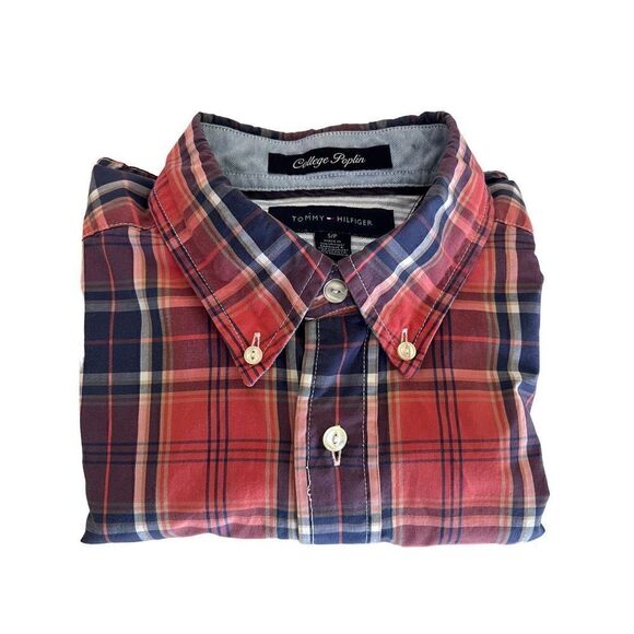 Tommy Hilfiger Mens Short Sleeve Button Down College Poplin Shirt Red Plaid SZ S - Picture 6 of 10